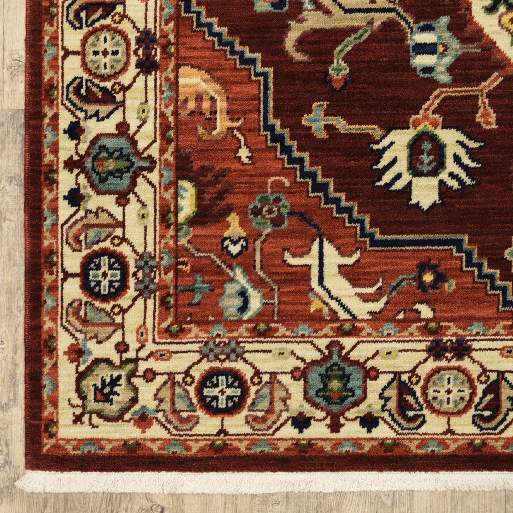 HomeRoots 509244 6 x 9 ft. Red Ivory Orange & Blue Oriental Power Loom Stain Resistant Rectangle Area Rug with Fringe