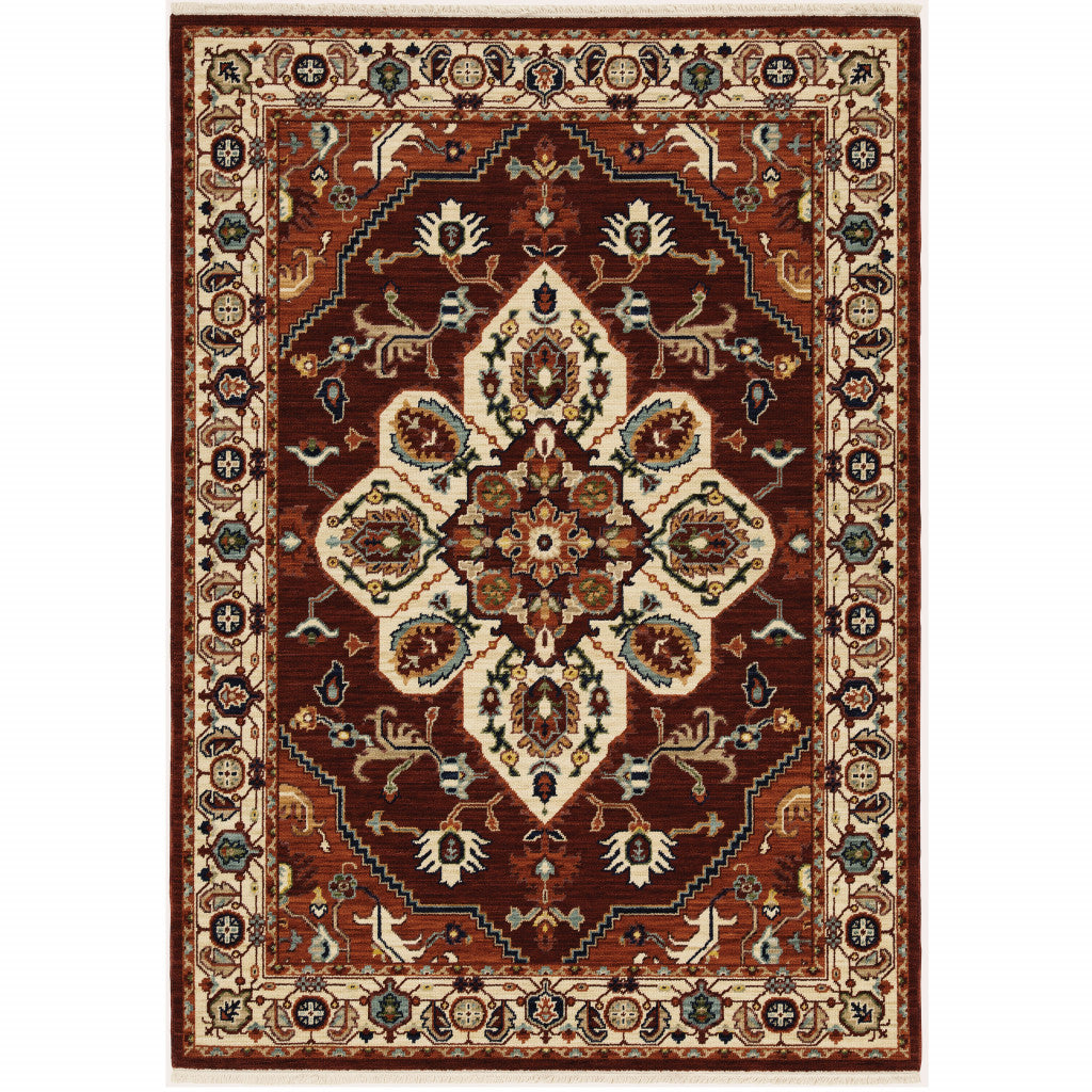HomeRoots 509246 10 x 13 ft. Red Ivory Orange & Blue Oriental Power Loom Stain Resistant Rectangle Area Rug with Fringe