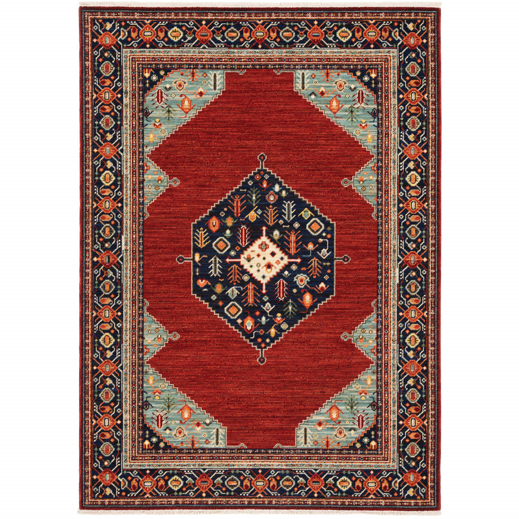 HomeRoots 509251 6 x 9 ft. Oriental Power Loom Rectangle Area Rug with Fringe Blue & Red