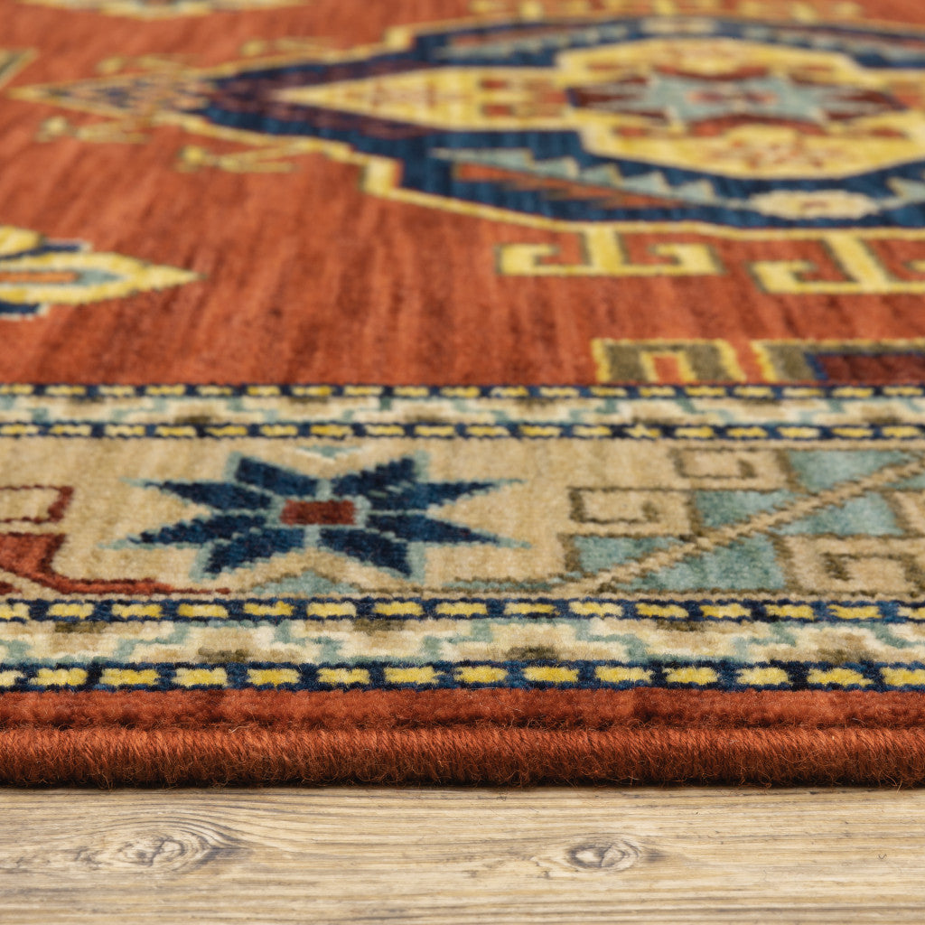 HomeRoots 509258 6 x 9 ft. Red Gold Blue Brown Oriental Power Loom Stain Resistant Rectangle Area Rug with Fringe