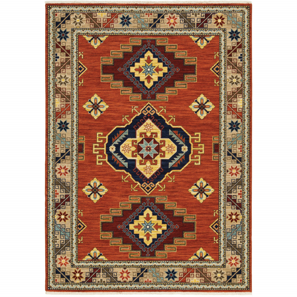 HomeRoots 509260 10 x 13 ft. Red Gold Blue Brown Oriental Power Loom Stain Resistant Rectangle Area Rug with Fringe