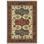 HomeRoots 509266 8 x 11 ft. Brick Red Orange Rust Beige Gold Pale Blue Olive Navy & Black Oriental Power Loom Stain Resistant Rectangle Area Rug with Fringe, Rectangular