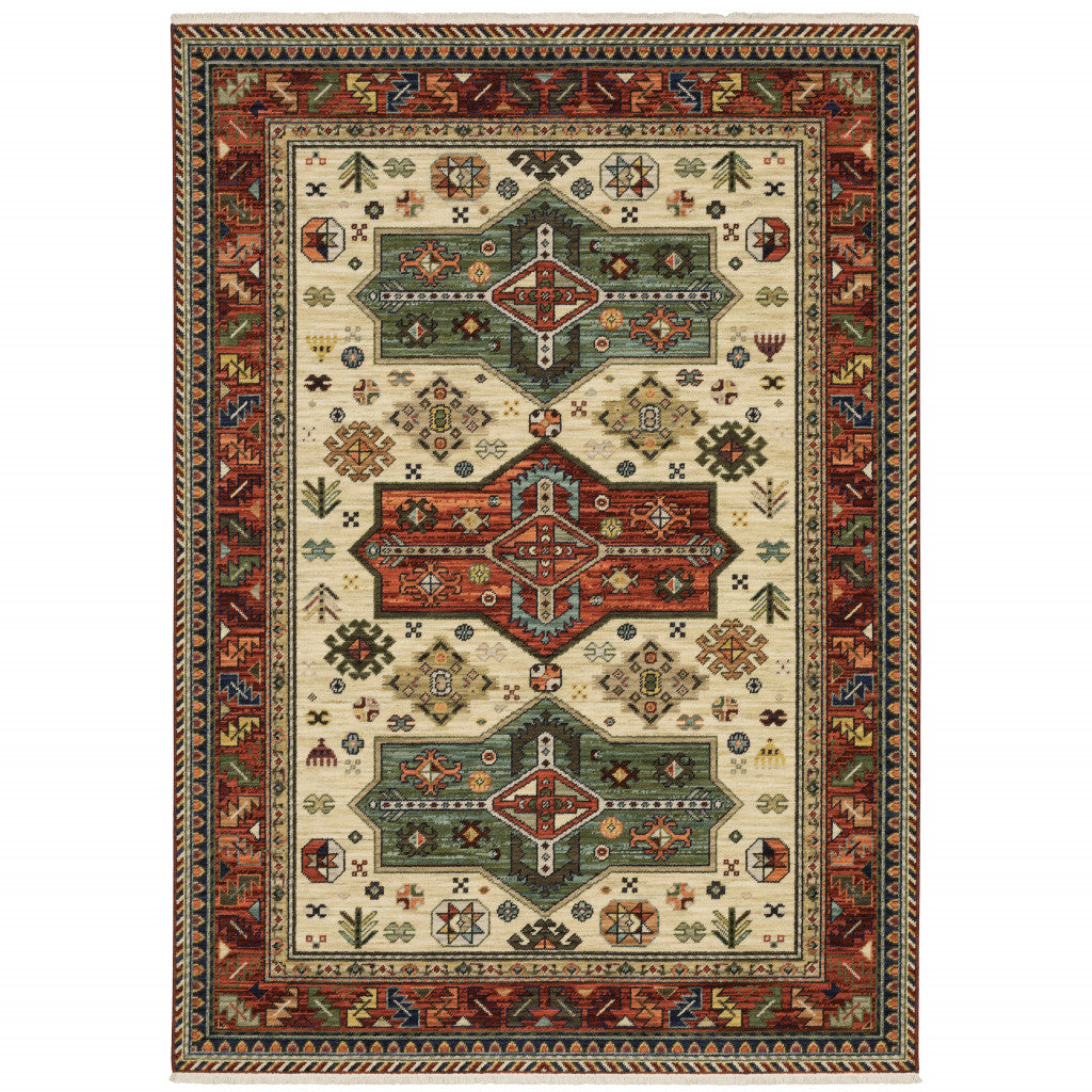 HomeRoots 509266 8 x 11 ft. Brick Red Orange Rust Beige Gold Pale Blue Olive Navy & Black Oriental Power Loom Stain Resistant Rectangle Area Rug with Fringe, Rectangular