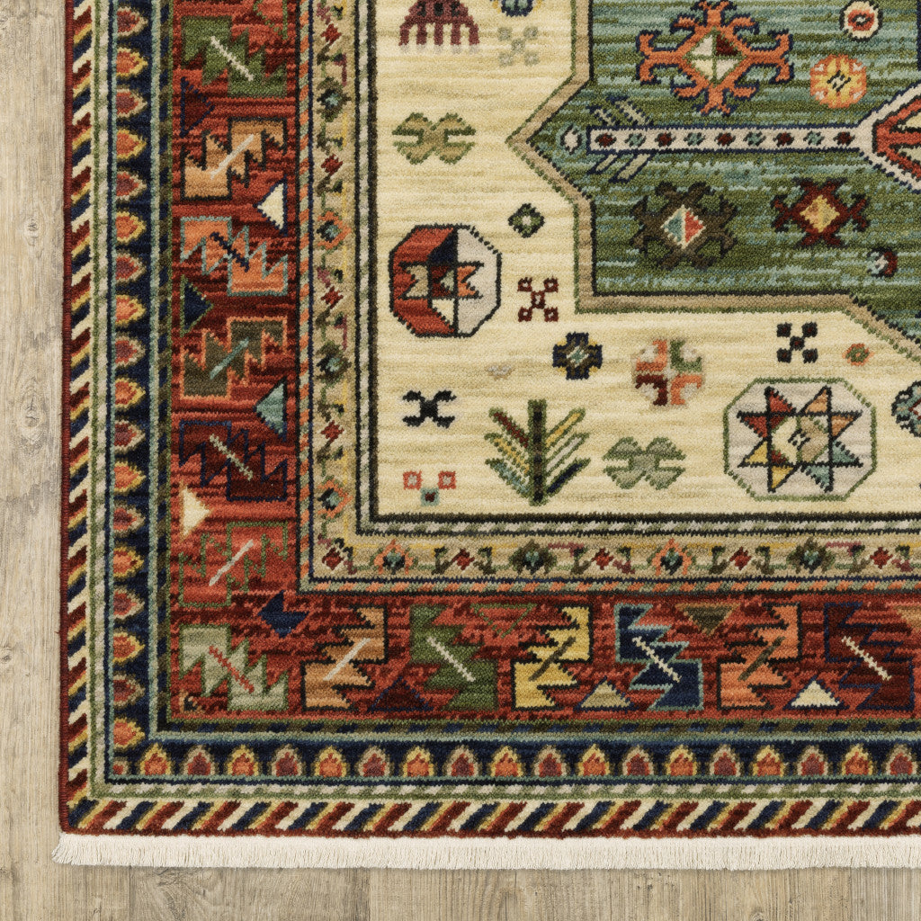 HomeRoots 509266 8 x 11 ft. Brick Red Orange Rust Beige Gold Pale Blue Olive Navy & Black Oriental Power Loom Stain Resistant Rectangle Area Rug with Fringe, Rectangular