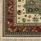 HomeRoots 509266 8 x 11 ft. Brick Red Orange Rust Beige Gold Pale Blue Olive Navy & Black Oriental Power Loom Stain Resistant Rectangle Area Rug with Fringe, Rectangular