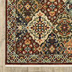 HomeRoots 509273 8 x 11 ft. Red Rust Navy Light Blue Brown Orange Ivory & Gold Oriental Power Loom Stain Resistant Rectangle Area Rug with Fringe