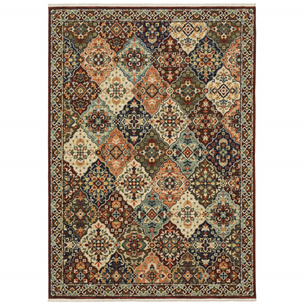 HomeRoots 509274 10 x 13 ft. Red Rust Navy Light Blue Brown Orange Ivory & Gold Oriental Power Loom Stain Resistant Rectangle Area Rug with Fringe