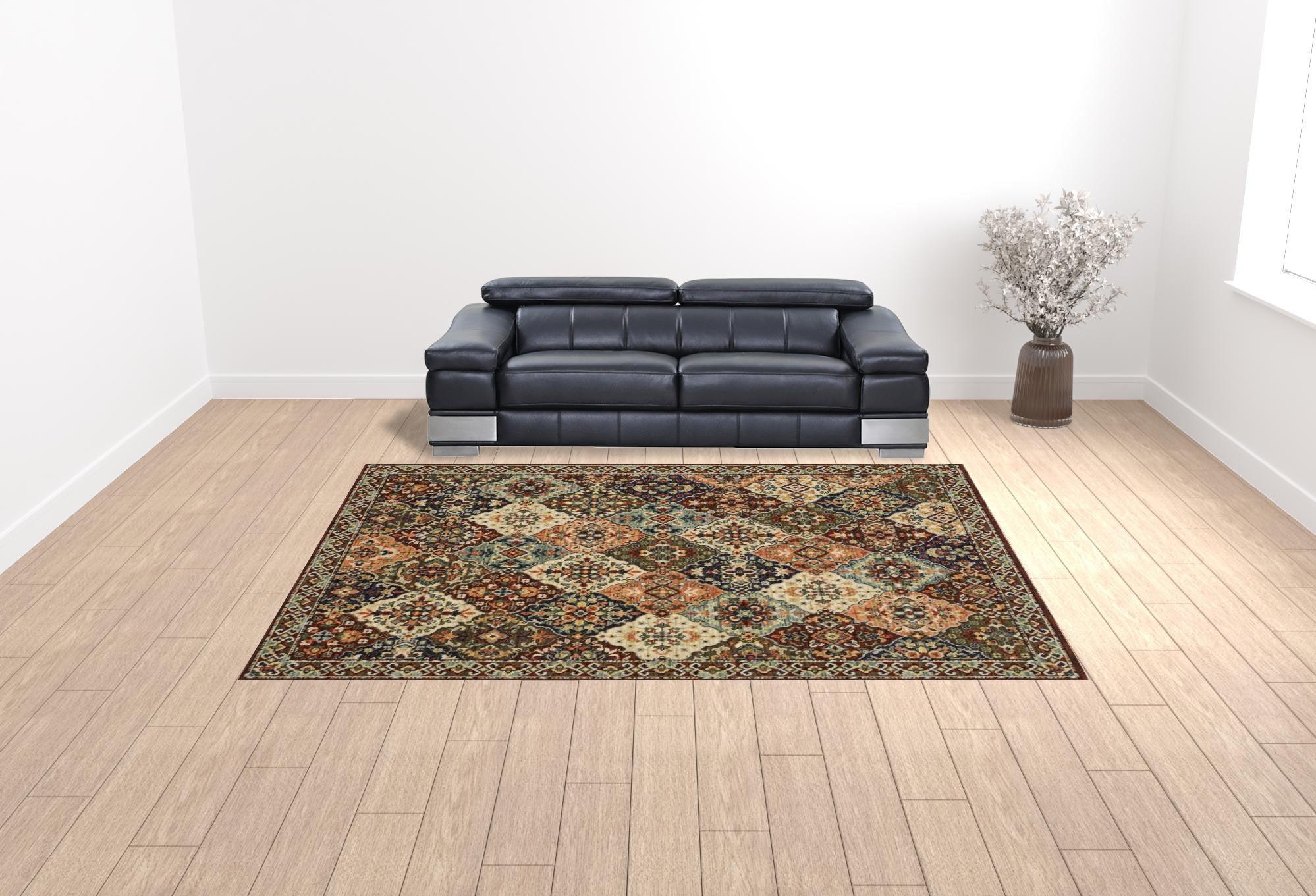 HomeRoots 509274 10 x 13 ft. Red Rust Navy Light Blue Brown Orange Ivory & Gold Oriental Power Loom Stain Resistant Rectangle Area Rug with Fringe