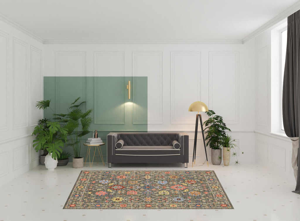 HomeRoots 509279 6 x 9 ft. Gray Salmon Pink Gold Blue Rust Deep Blue Ivory & Green Oriental Power Loom Stain Resistant Rectangle Area Rug with Fringe