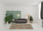 HomeRoots 509279 6 x 9 ft. Gray Salmon Pink Gold Blue Rust Deep Blue Ivory & Green Oriental Power Loom Stain Resistant Rectangle Area Rug with Fringe