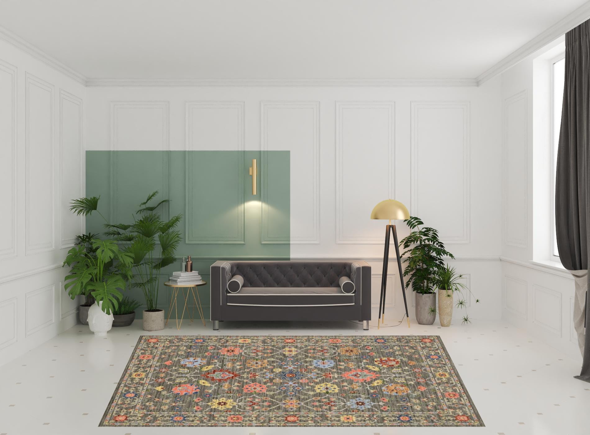 HomeRoots 509280 8 x 11 ft. Gray Salmon Pink Gold Blue Rust Deep Blue Ivory & Green Oriental Power Loom Stain Resistant Rectangle Area Rug with Fringe