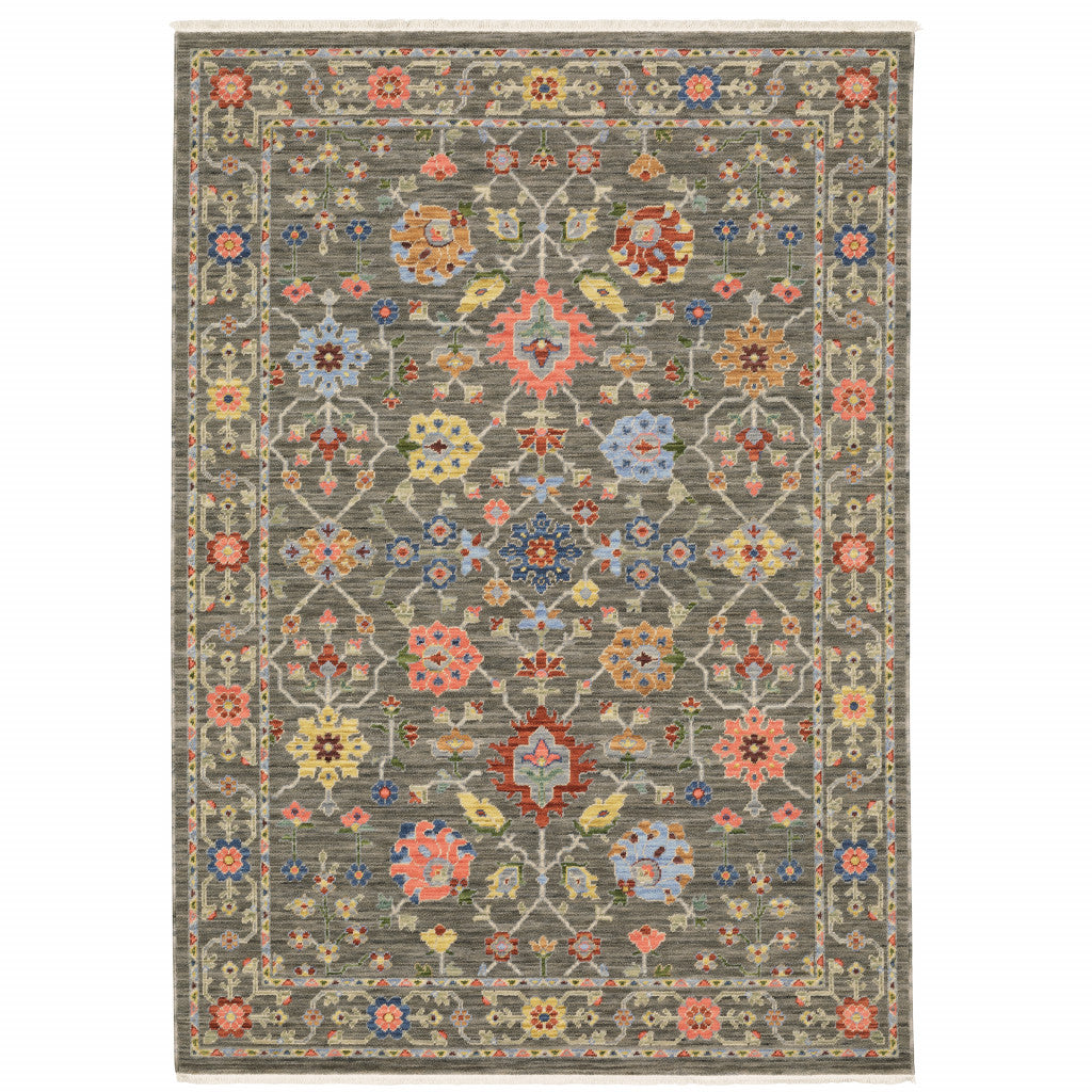HomeRoots 509281 10 x 13 ft. Gray Salmon Pink Gold Blue Rust Deep Blue Ivory & Green Oriental Power Loom Stain Resistant Rectangle Area Rug with Fringe