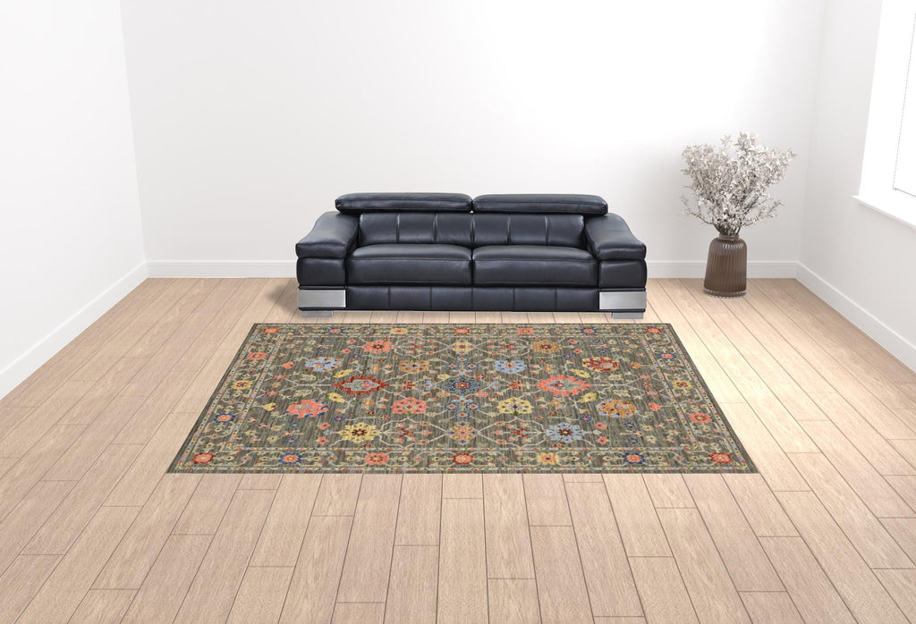 HomeRoots 509281 10 x 13 ft. Gray Salmon Pink Gold Blue Rust Deep Blue Ivory & Green Oriental Power Loom Stain Resistant Rectangle Area Rug with Fringe