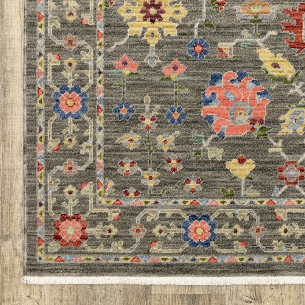 HomeRoots 509281 10 x 13 ft. Gray Salmon Pink Gold Blue Rust Deep Blue Ivory & Green Oriental Power Loom Stain Resistant Rectangle Area Rug with Fringe