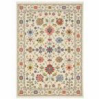 HomeRoots 509286 6 x 9 ft. Ivory Salmon Pink Gold Blues Gray Rust & Green Oriental Power Loom Stain Resistant Rectangle Area Rug with Fringe