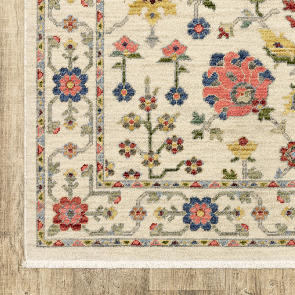 HomeRoots 509287 8 x 11 ft. Ivory Salmon Pink Gold Blues Gray Rust & Green Oriental Power Loom Stain Resistant Rectangle Area Rug with Fringe