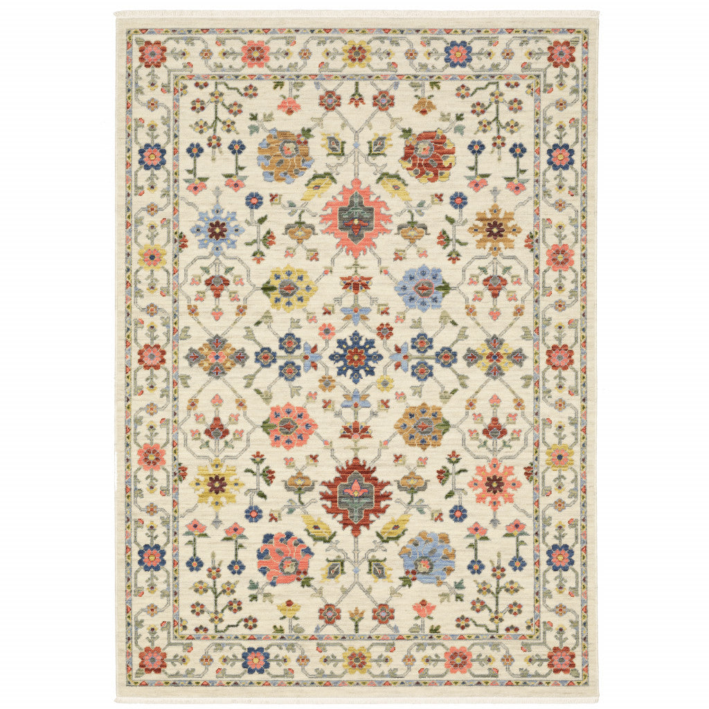 HomeRoots 509288 10 x 13 ft. Ivory Salmon Pink Gold Blues Gray Rust & Green Oriental Power Loom Stain Resistant Rectangle Area Rug with Fringe
