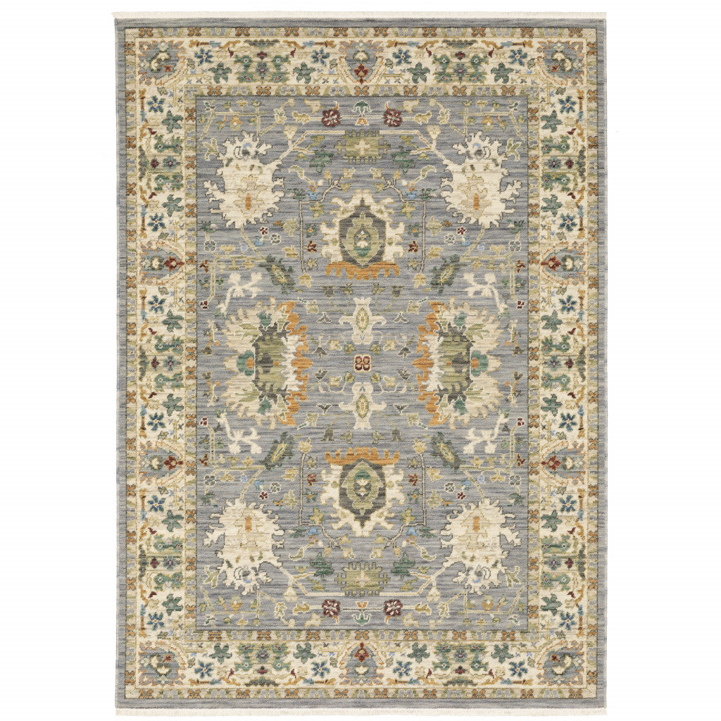 HomeRoots 509293 6 x 9 ft. Gray Ivory Orange Teal Green Charcoal Blue & Red Oriental Power Loom Stain Resistant Rectangle Area Rug with Fringe