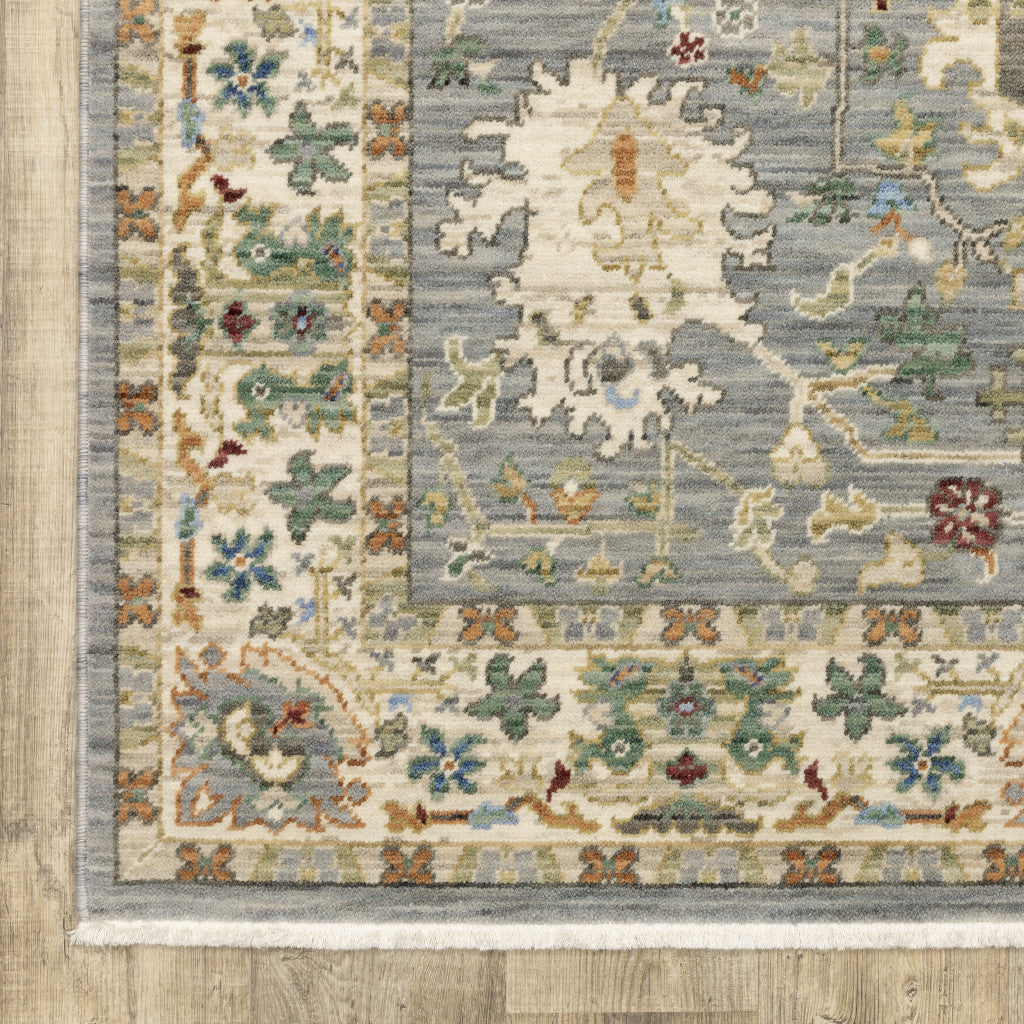 HomeRoots 509294 8 x 11 ft. Gray Ivory Orange Teal Green Charcoal Blue & Red Oriental Power Loom Stain Resistant Rectangle Area Rug with Fringe