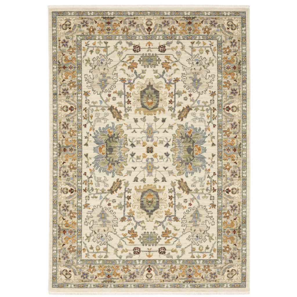 HomeRoots 509301 8 x 11 ft. Ivory Oriental Power Loom Stain Resistant Rectangle Area Rug with Fringe