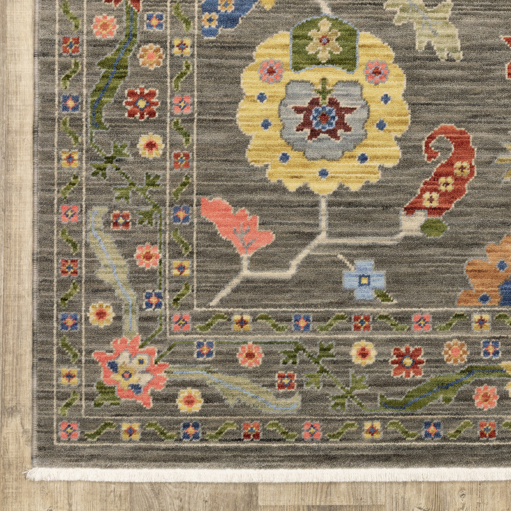 HomeRoots 509308 8 x 11 ft. Gray Blue Pink Orange Rust Red Green & Ivory Oriental Power Loom Stain Resistant Rectangle Area Rug with Fringe