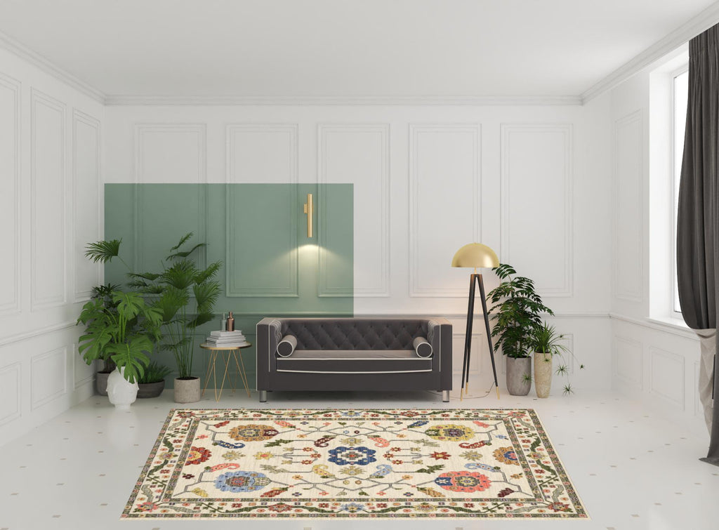 HomeRoots 509315 8 x 11 ft. Ivory Green Blues Pink Yellow Rust Brown Tan & Gray Oriental Power Loom Stain Resistant Rectangle Area Rug with Fringe
