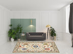 HomeRoots 509315 8 x 11 ft. Ivory Green Blues Pink Yellow Rust Brown Tan & Gray Oriental Power Loom Stain Resistant Rectangle Area Rug with Fringe
