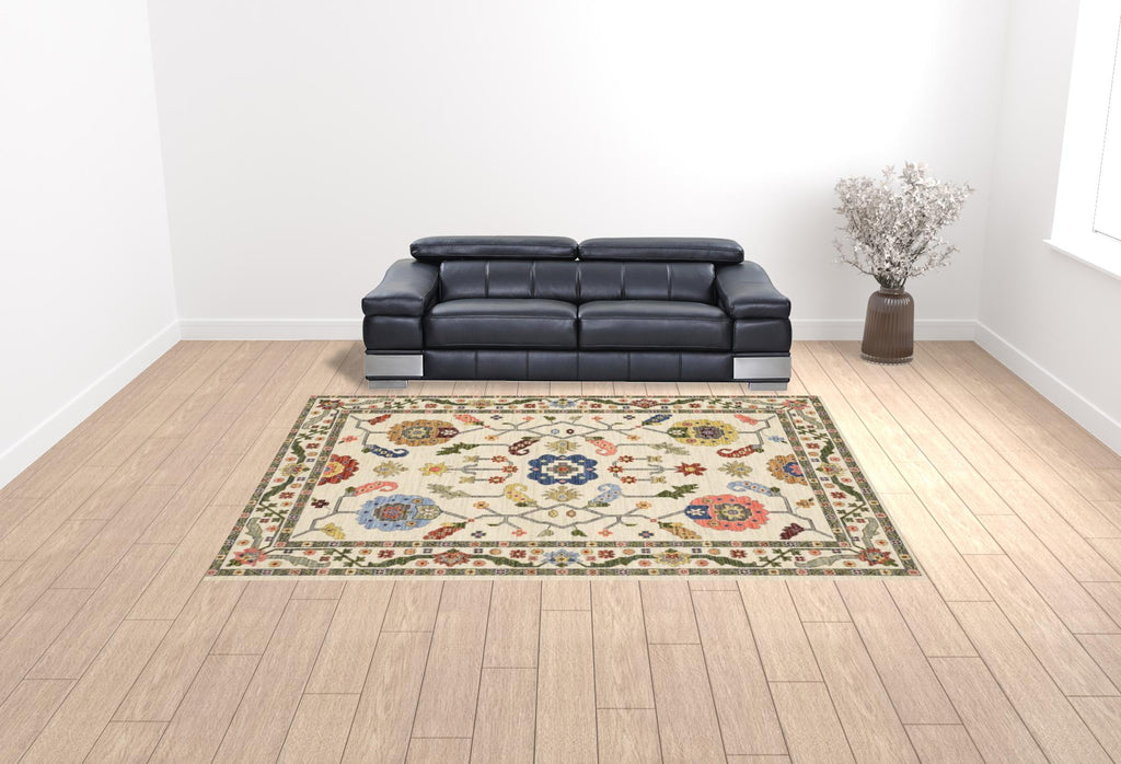 HomeRoots 509316 10 x 13 ft. Ivory Green Blues Pink Yellow Rust Brown Tan & Gray Oriental Power Loom Stain Resistant Rectangle Area Rug with Fringe