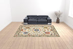 HomeRoots 509316 10 x 13 ft. Ivory Green Blues Pink Yellow Rust Brown Tan & Gray Oriental Power Loom Stain Resistant Rectangle Area Rug with Fringe