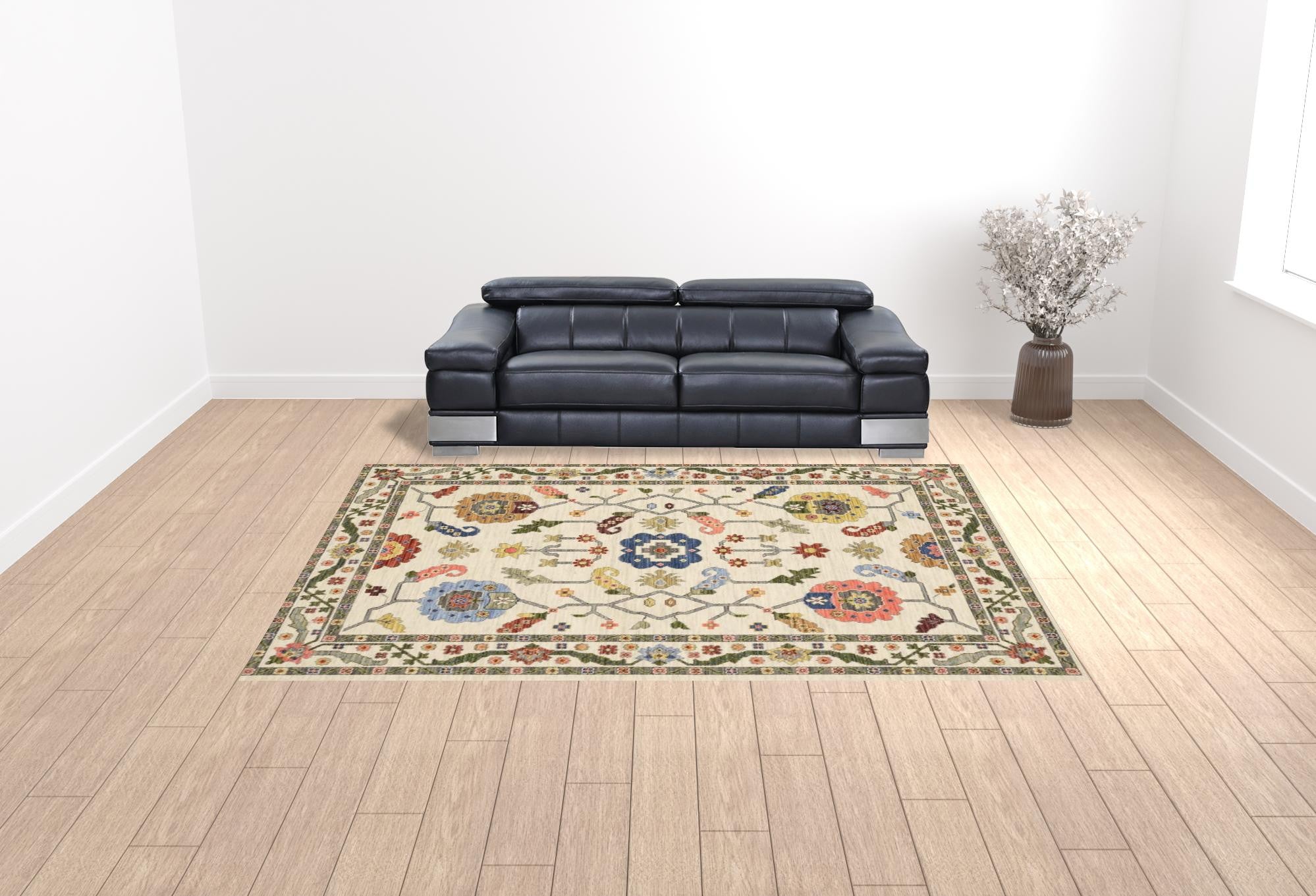 HomeRoots 509316 10 x 13 ft. Ivory Green Blues Pink Yellow Rust Brown Tan & Gray Oriental Power Loom Stain Resistant Rectangle Area Rug with Fringe