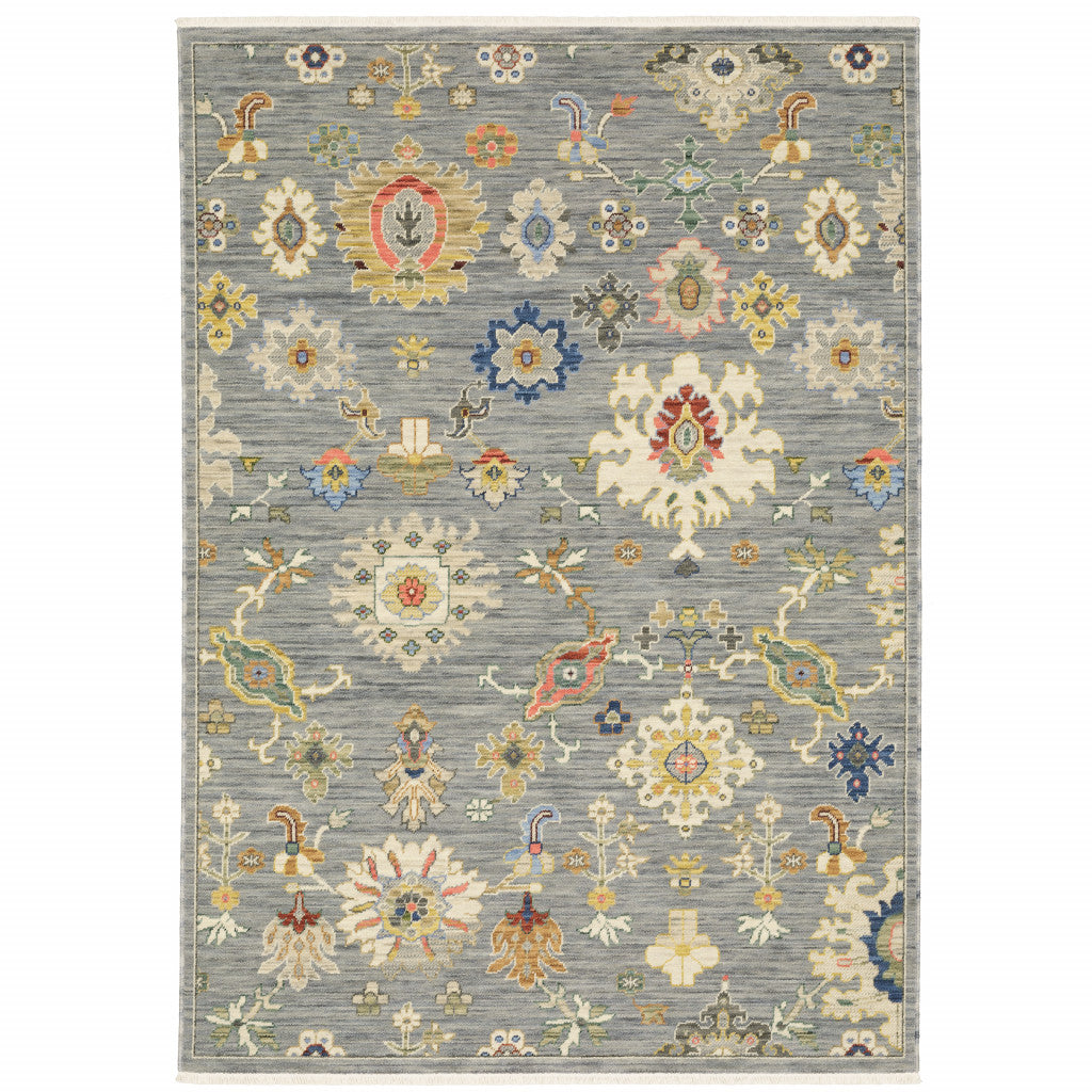 HomeRoots 509321 6 x 9 ft. Gray Ivory Gold Salmon Red Blue & Green Oriental Power Loom Stain Resistant Rectangle Area Rug with Fringe