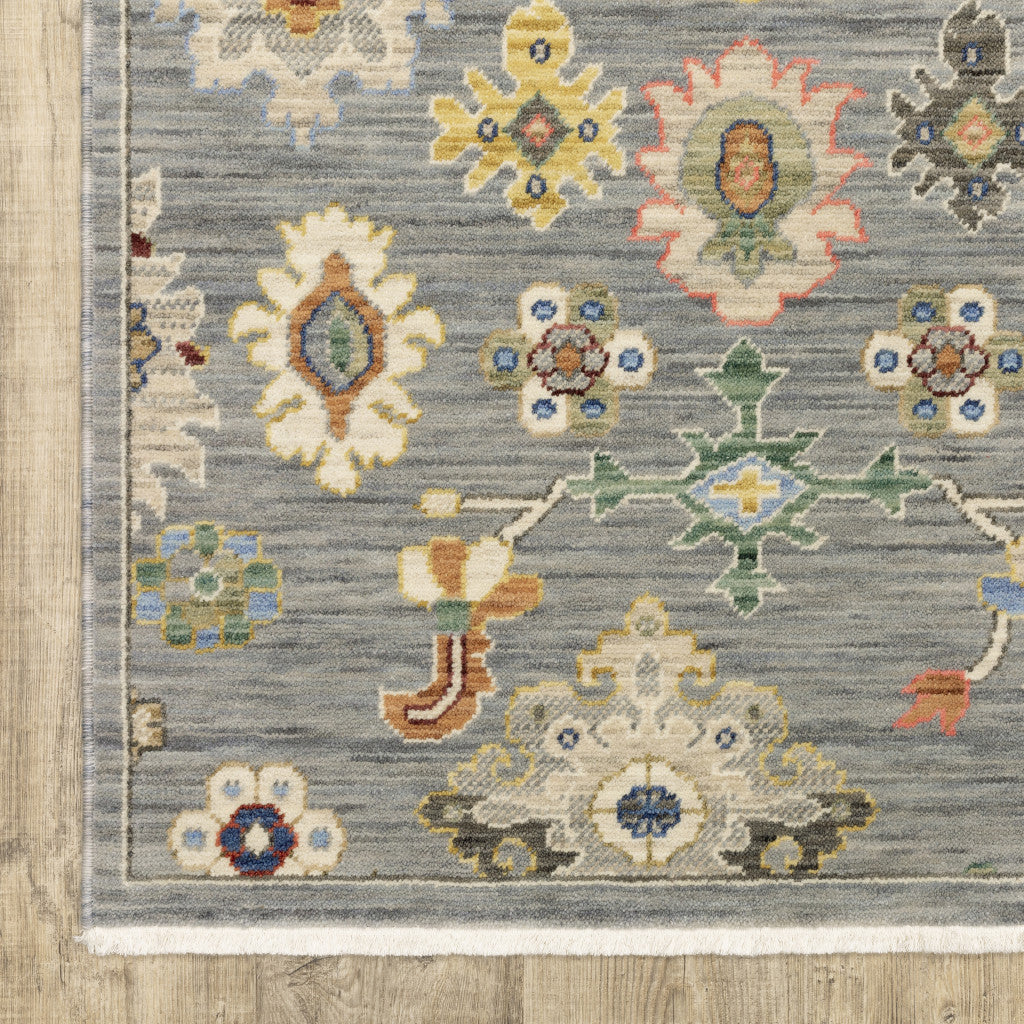 HomeRoots 509322 8 x 11 ft. Gray Ivory Gold Salmon Red Blue & Green Oriental Power Loom Stain Resistant Rectangle Area Rug with Fringe