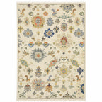 HomeRoots 509328 6 x 9 ft. Ivory Beige Gold Gray Blue Pink Red Rust & Green Oriental Power Loom Stain Resistant Rectangle Area Rug with Fringe