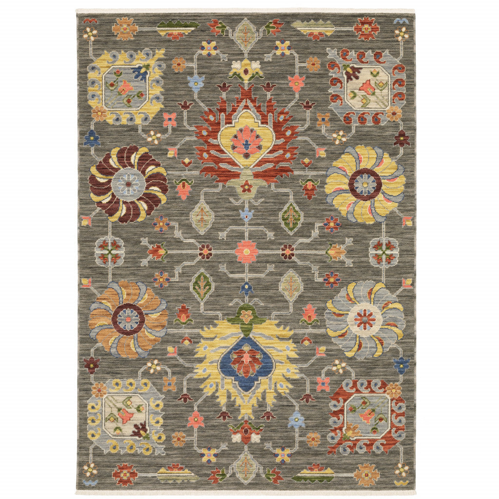 HomeRoots 509337 10 x 13 ft. Gray Charcoal Yellow Blue Rust Red Pink Green & Ivory Oriental Power Loom Stain Resistant Rectangle Area Rug with Fringe