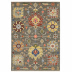 HomeRoots 509337 10 x 13 ft. Gray Charcoal Yellow Blue Rust Red Pink Green & Ivory Oriental Power Loom Stain Resistant Rectangle Area Rug with Fringe
