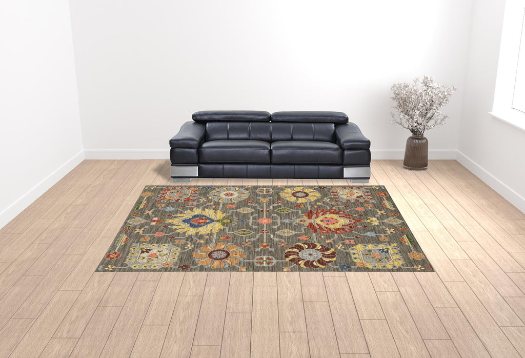 HomeRoots 509337 10 x 13 ft. Gray Charcoal Yellow Blue Rust Red Pink Green & Ivory Oriental Power Loom Stain Resistant Rectangle Area Rug with Fringe
