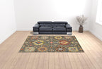 HomeRoots 509337 10 x 13 ft. Gray Charcoal Yellow Blue Rust Red Pink Green & Ivory Oriental Power Loom Stain Resistant Rectangle Area Rug with Fringe