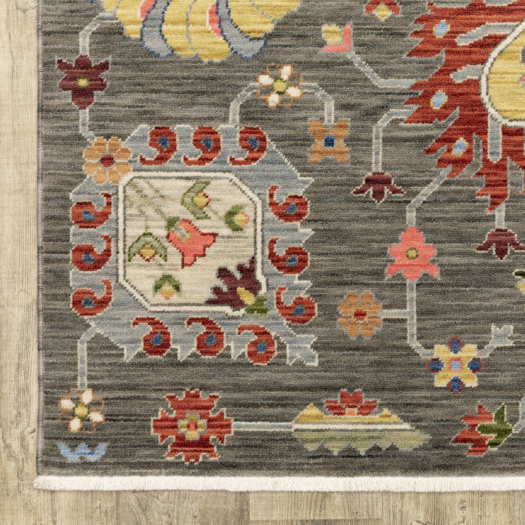 HomeRoots 509337 10 x 13 ft. Gray Charcoal Yellow Blue Rust Red Pink Green & Ivory Oriental Power Loom Stain Resistant Rectangle Area Rug with Fringe