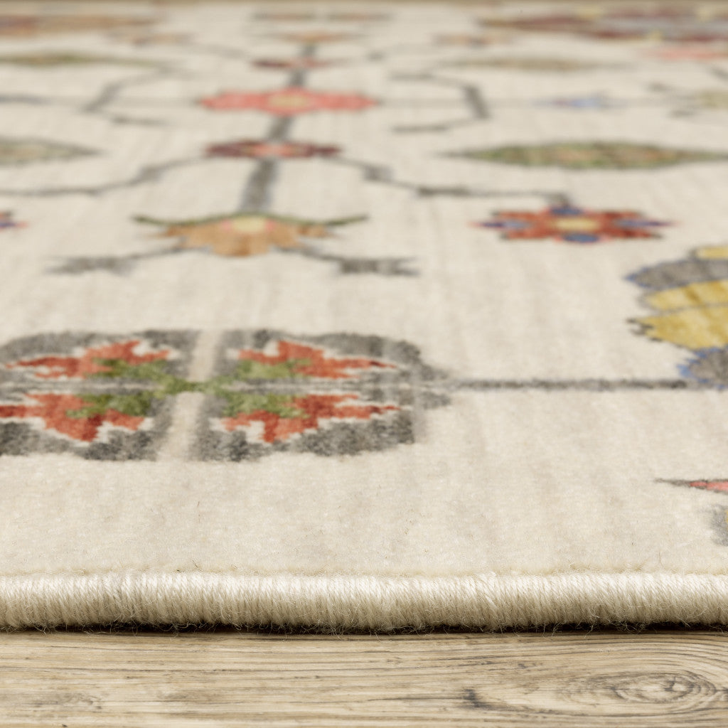 HomeRoots 509342 6 x 9 ft. Ivory Yellow Rust Green Gray Pink Orange Blue & Gray Oriental Power Loom Stain Resistant Rectangle Area Rug with Fringe