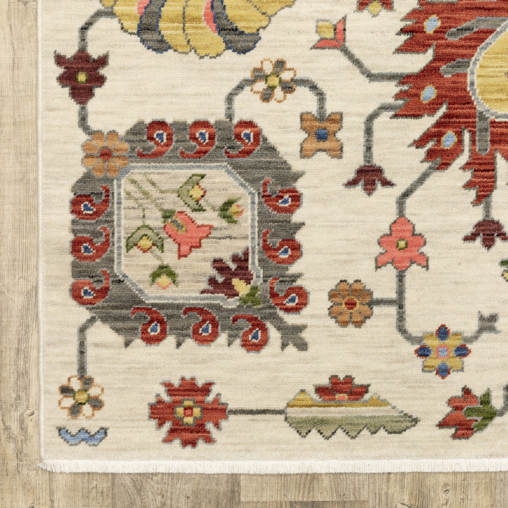 HomeRoots 509342 6 x 9 ft. Ivory Yellow Rust Green Gray Pink Orange Blue & Gray Oriental Power Loom Stain Resistant Rectangle Area Rug with Fringe