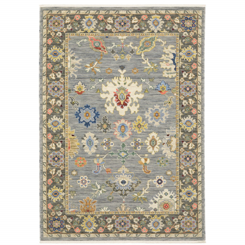 HomeRoots 509349 6 x 9 ft. Blue Gray Gold Green Pink Orange Ivory & Red Oriental Power Loom Stain Resistant Rectangle Area Rug with Fringe