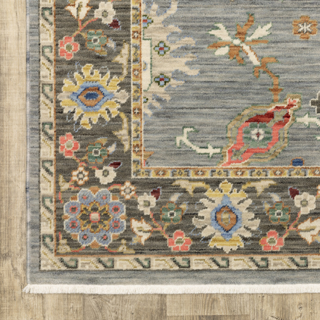 HomeRoots 509350 8 x 11 ft. Blue Gray Gold Green Pink Orange Ivory & Red Oriental Power Loom Stain Resistant Rectangle Area Rug with Fringe