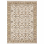 HomeRoots 509385 8 x 11 ft. Ivory & Gold Oriental Power Loom Stain Resistant Rectangle Area Rug with Fringe