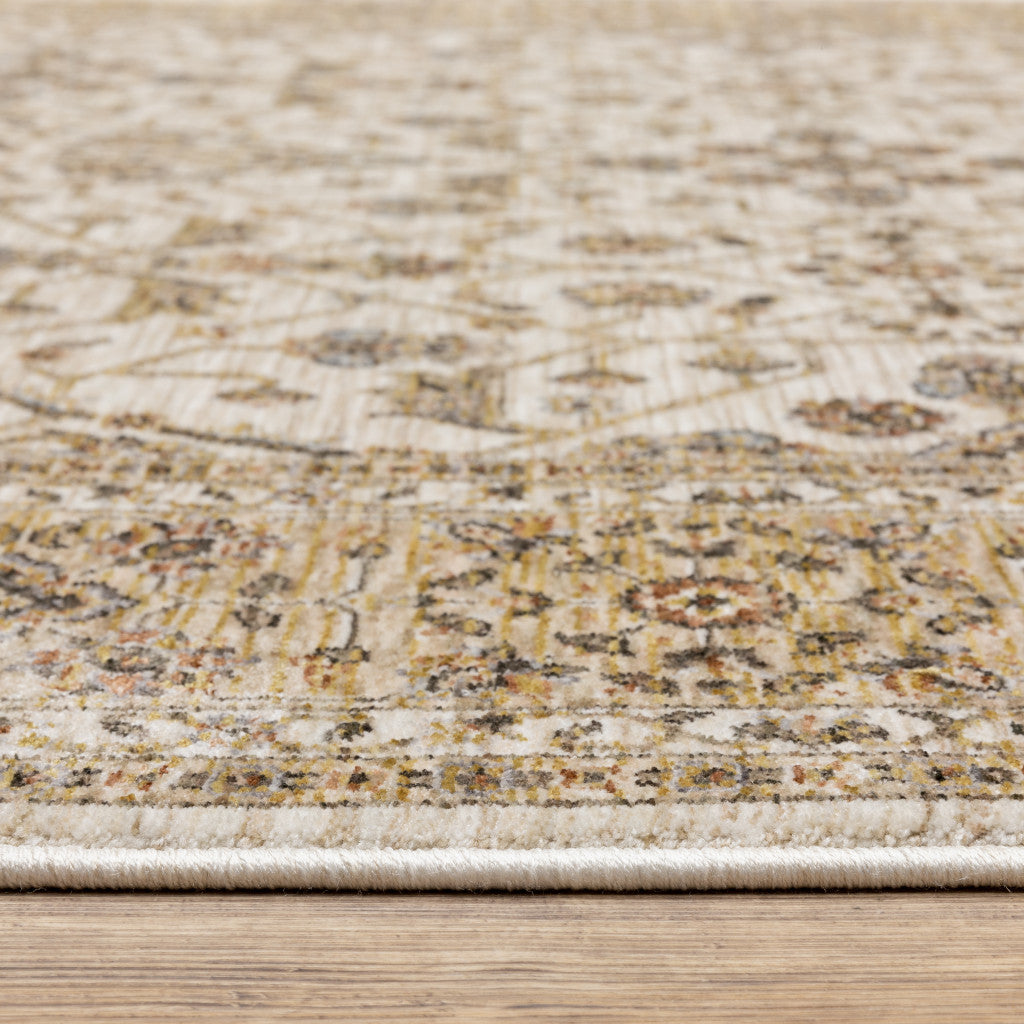 HomeRoots 509385 8 x 11 ft. Ivory & Gold Oriental Power Loom Stain Resistant Rectangle Area Rug with Fringe