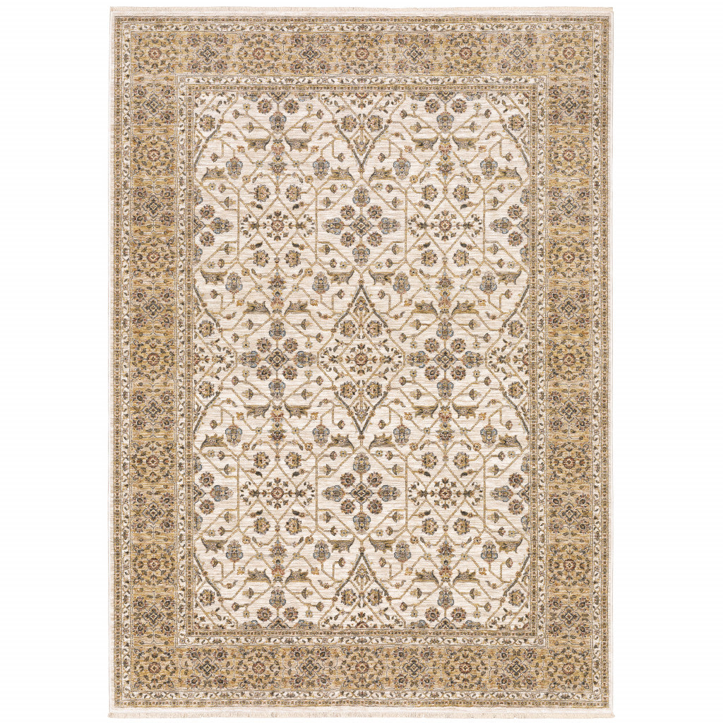 HomeRoots 509386 10 x 13 ft. Ivory & Gold Oriental Power Loom Stain Resistant Rectangle Area Rug with Fringe