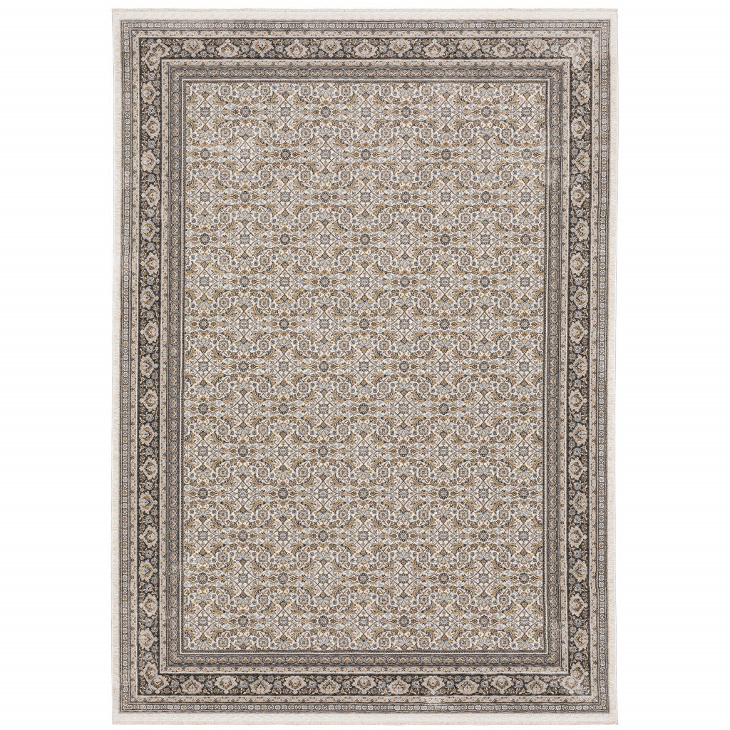 HomeRoots 509406 8 x 11 ft. Ivory & Gray Oriental Power Loom Stain Resistant Rectangle Area Rug with Fringe