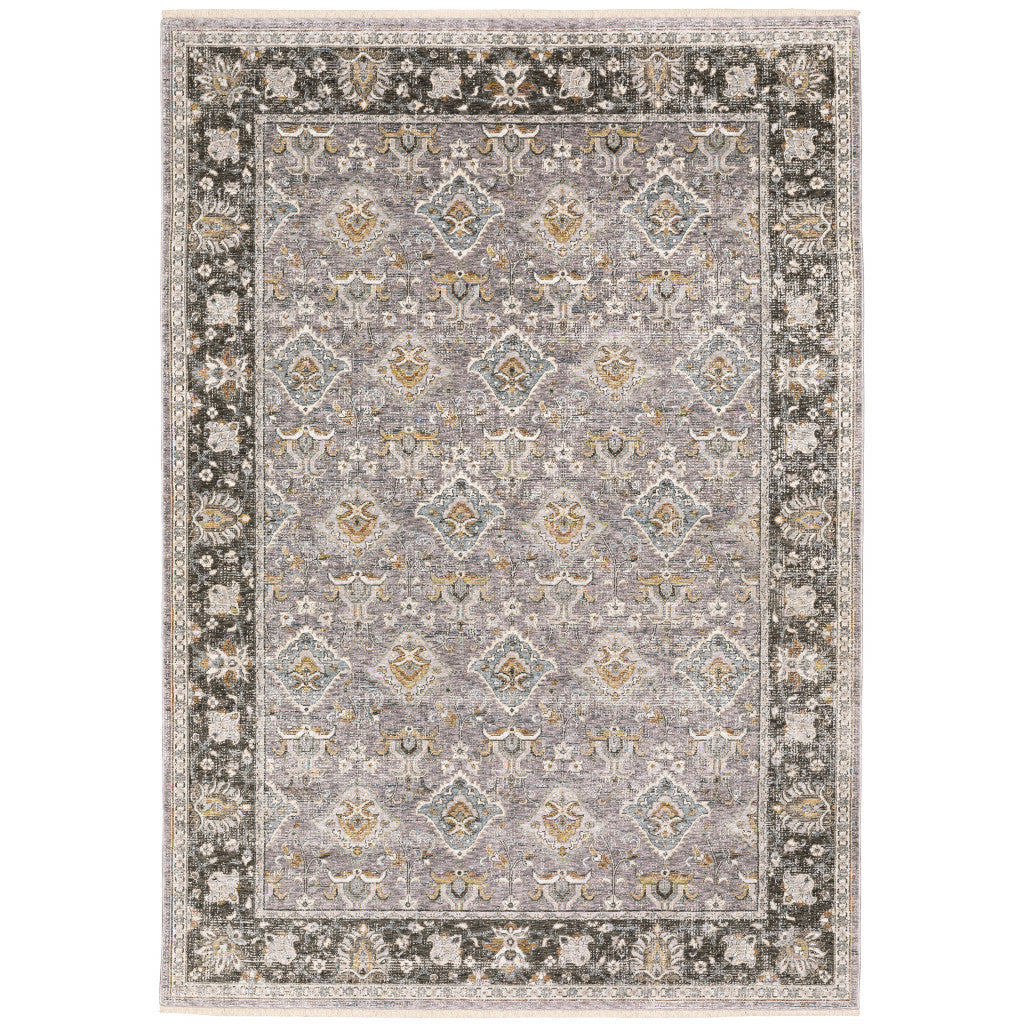 HomeRoots 509434 10 x 13 ft. Gray & Blue Oriental Power Loom Stain Resistant Rectangle Area Rug with Fringe