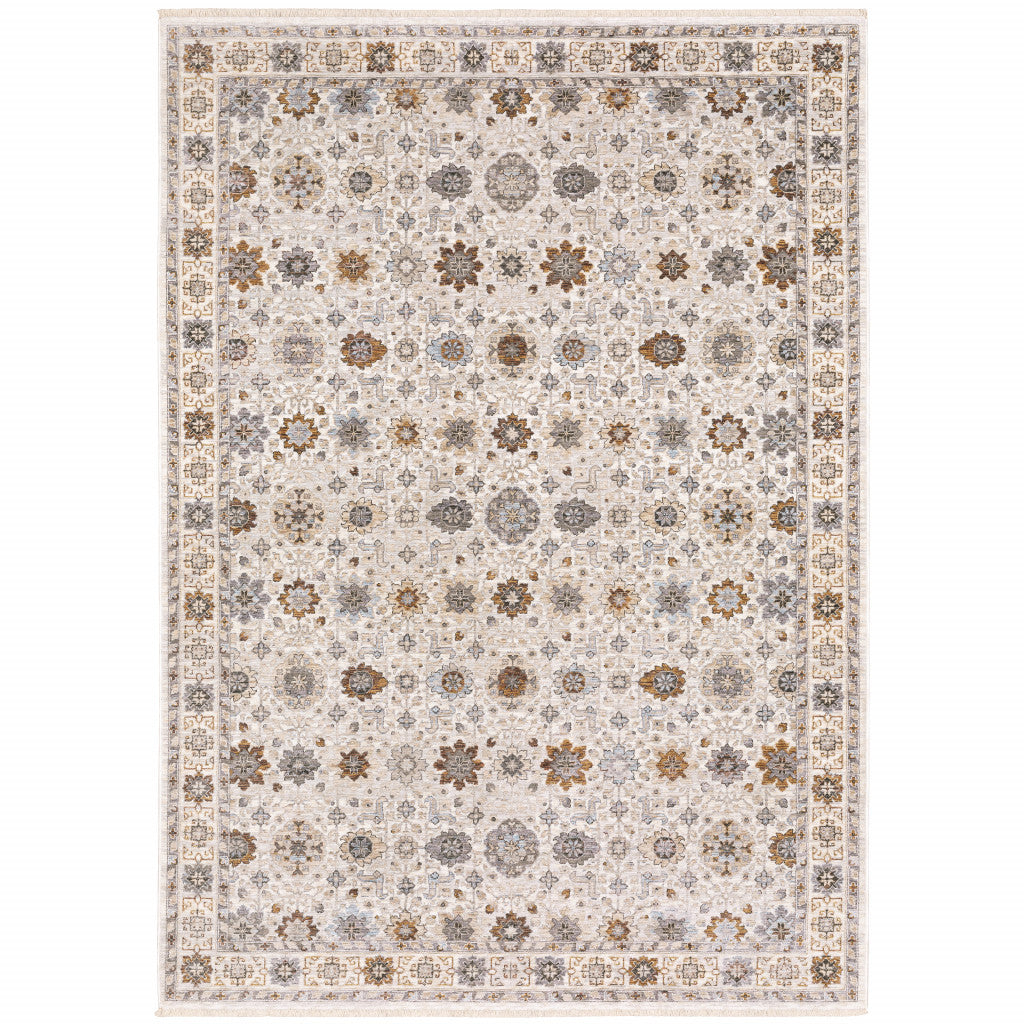 HomeRoots 509448 10 x 13 ft. Ivory & Gold Oriental Power Loom Stain Resistant Rectangle Area Rug with Fringe