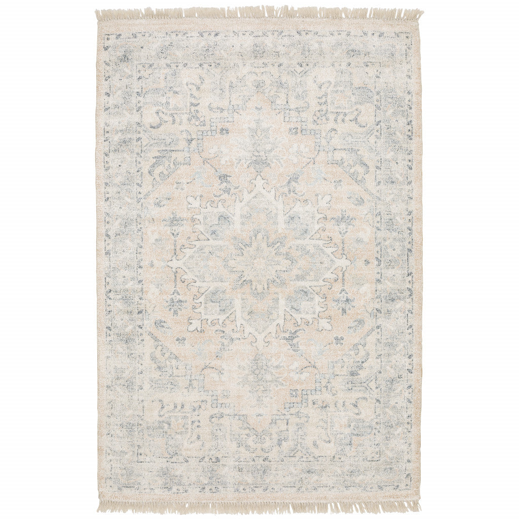 HomeRoots 509452 8 x 10 ft. Beige & Gray Oriental Hand Loomed Stain Resistant Rectangle Area Rug with Fringe
