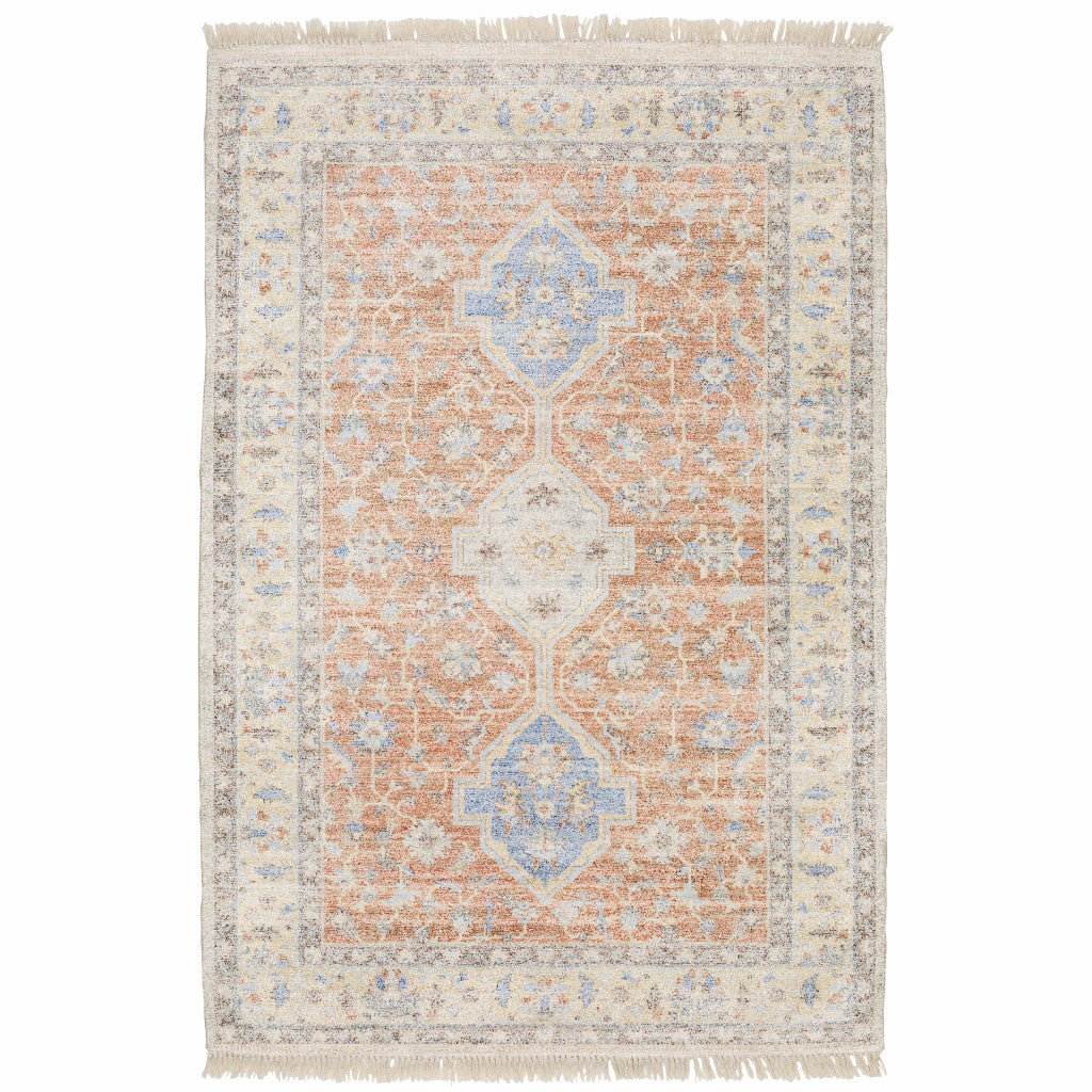 HomeRoots 509461 10 x 13 ft. Orange & Blue Oriental Hand Loomed Stain Resistant Rectangle Area Rug with Fringe